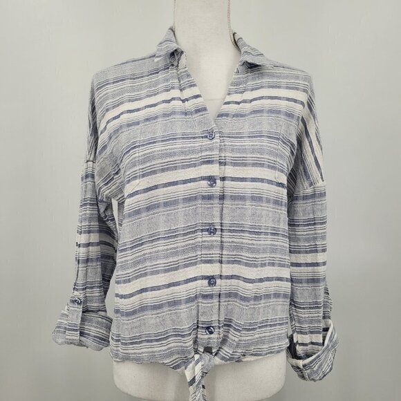 Blu-Pepper Gauze Striped Crochet Back Tie Front Top - Picture 1 of 9